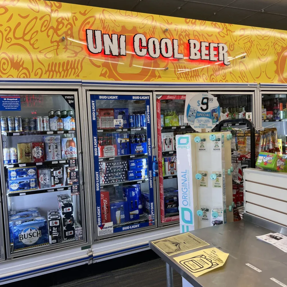 Uni Cool Beer cooler wall stocked with craft beer at GS Vape Barberton