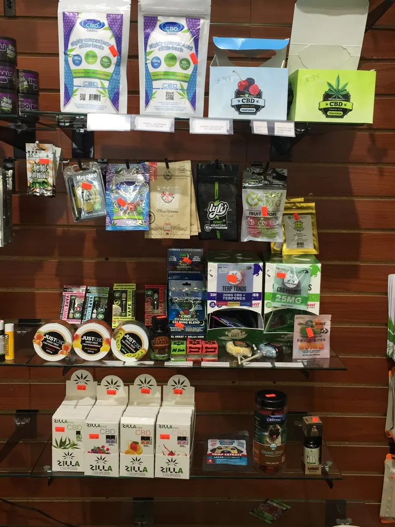 CBD gummies, Terp Toads, and CBD Froggie edibles on display at GS Vape Beer & Tobacco in Barberton, Ohio.