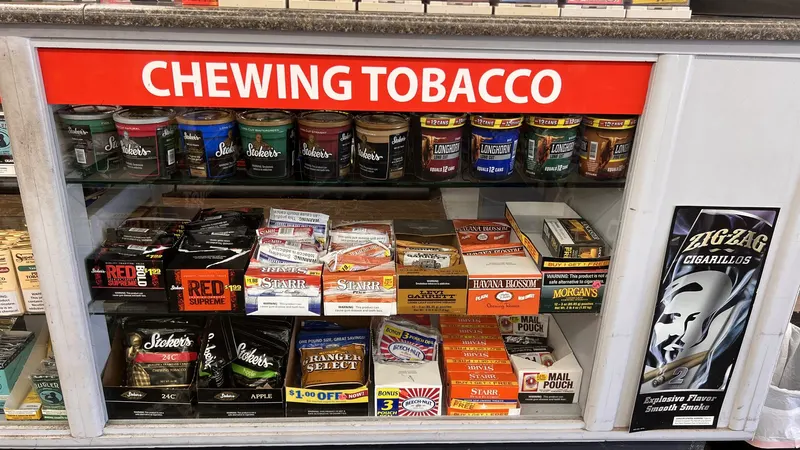 The Chewing Tobacco shelf at GS Vape Barberton, offering a range of smokeless tobacco brands. Chewing Tobacco shelf display at GS Vape Barberton, Ohio